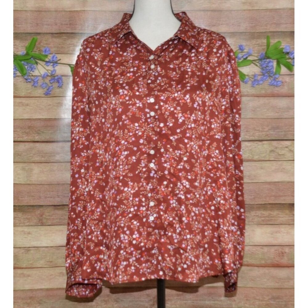 Ann Taylor Ladies Floral Rust Color Button Up Blouse Top Size XL Career Casual
